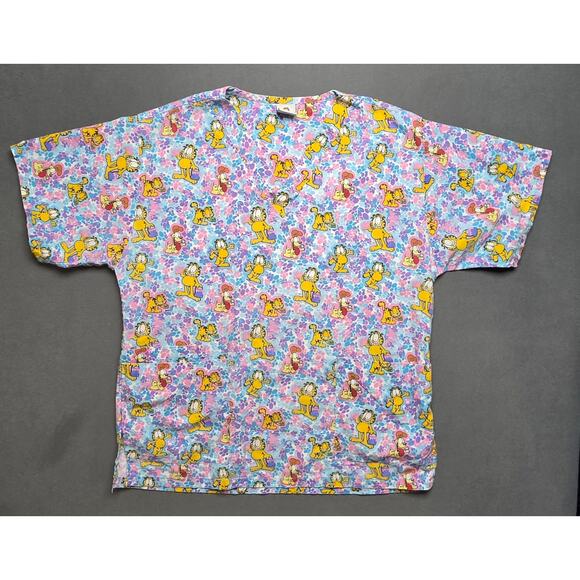 Garfield Womens XL Scrub Top Pockets Retro 90s Cartoon Cat - Picture 1 of 5